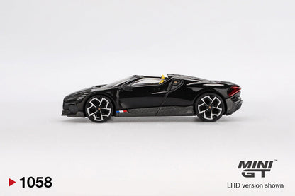 side view of Bugatti W16 Mistral Black 1:64 scale model car - Mini GT