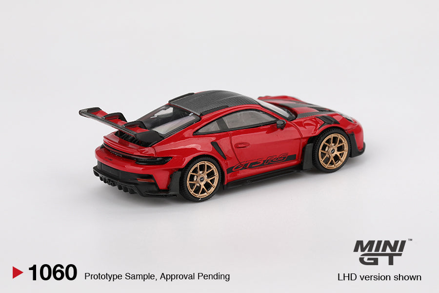 Porsche 911 (992) GT3 RS Weissach Package Guards Red 1:64 diecast model car by Mini GT (MGT01060) - Front Perspective