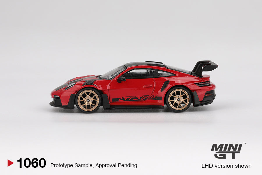 Porsche 911 (992) GT3 RS Weissach Package Guards Red 1:64 diecast model car by Mini GT (MGT01060) - Back Perspective