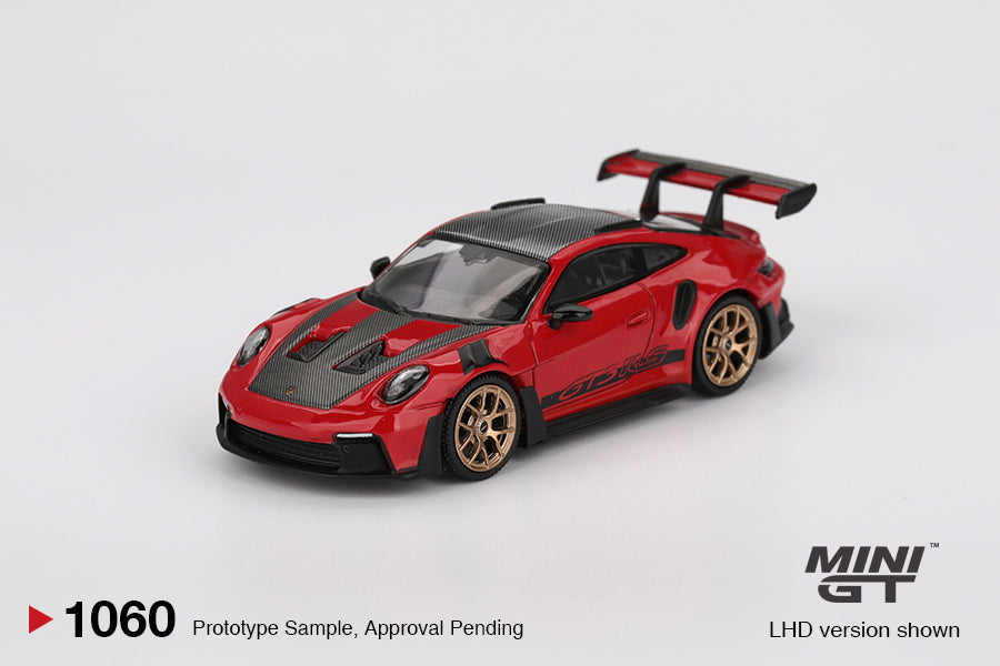 Porsche 911 (992) GT3 RS Weissach Package Guards Red 1:64 diecast model car by Mini GT (MGT01060) - Side View
