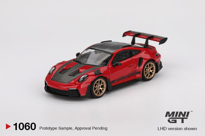 Porsche 911 (992) GT3 RS Weissach Package Guards Red 1:64 diecast model car by Mini GT (MGT01060) - Side View