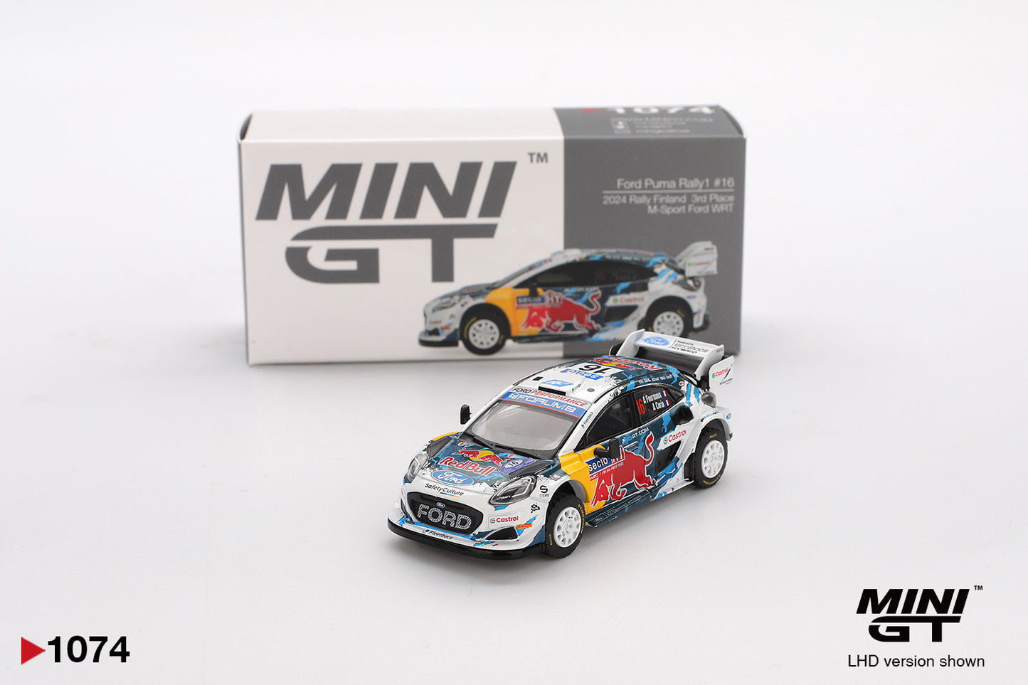 Box of Ford Puma Rally1 #16 M-Sport Ford WRT 2024 Rally Finland 3rd Place 1:64 scale model car - Mini GT
