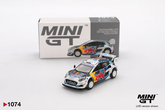 Box of Ford Puma Rally1 #16 M-Sport Ford WRT 2024 Rally Finland 3rd Place 1:64 scale model car - Mini GT