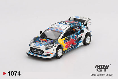 Front perspective view of Ford Puma Rally1 #16 M-Sport Ford WRT 2024 Rally Finland 3rd Place 1:64 scale model car - Mini GT
