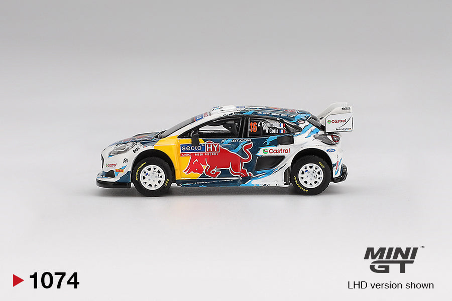 side view of Ford Puma Rally1 #16 M-Sport Ford WRT 2024 Rally Finland 3rd Place 1:64 scale model car - Mini GT