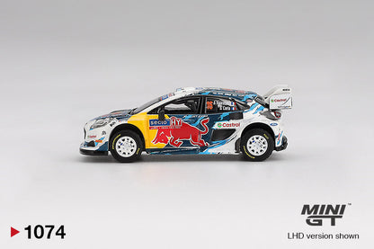 side view of Ford Puma Rally1 #16 M-Sport Ford WRT 2024 Rally Finland 3rd Place 1:64 scale model car - Mini GT