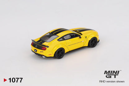 back perspective view of LB-WORKS FORD MUSTANG Triple Yellow 1:64 scale model car - Mini GT