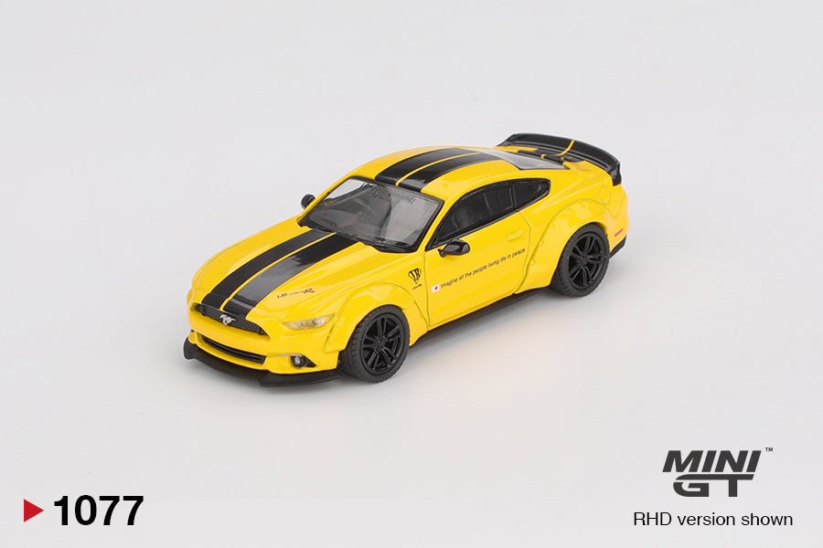 front perspective view of LB-WORKS FORD MUSTANG Triple Yellow 1:64 scale model car - Mini GT