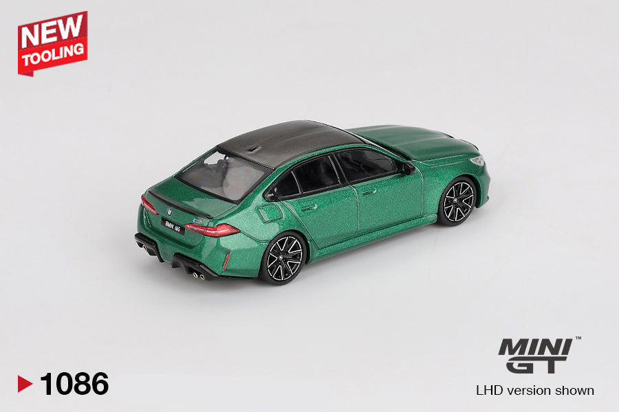 back perspective view of BMW M5 Isle of Man Green Metallic 1:64 scale model car - Mini GT