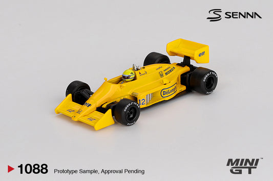 Lotus 99T #12 Ayrton Senna 1987 Monaco GP Winner 1:64 Mini GT - front angle