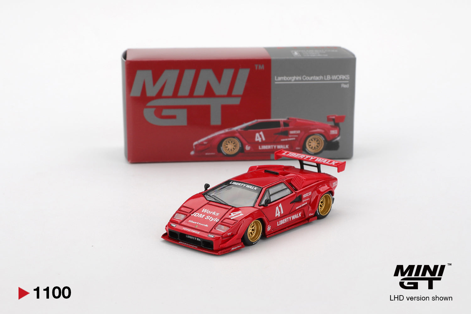 box of Lamborghini Countach LB-WORKS Red 1:64 scale model car - Mini GT