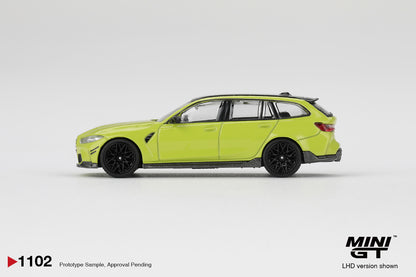 BMW M3 M Performance Touring Sao Paulo Yellow 1:64 diecast model car by Mini GT (MGT01102) - Front Perspective