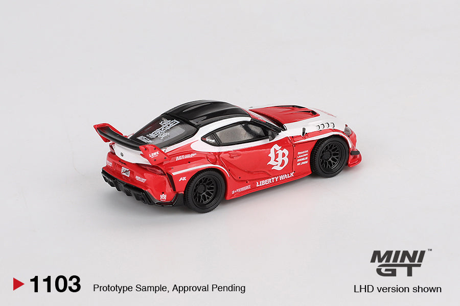 Back perspective view of LB★WORKS Toyota GR Supra Red 1:64 scale model car - Mini GT