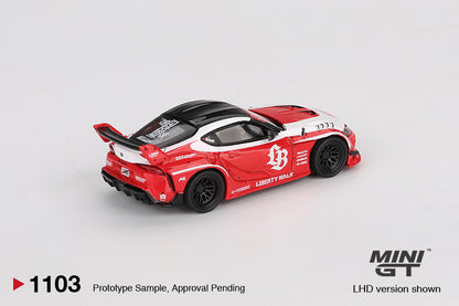 Back perspective view of LB★WORKS Toyota GR Supra Red 1:64 scale model car - Mini GT