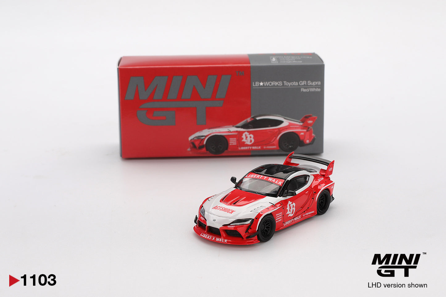 Box of LB★WORKS Toyota GR Supra Red 1:64 scale model car - Mini GT