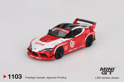 Front perspective view of LB★WORKS Toyota GR Supra Red 1:64 scale model car - Mini GT