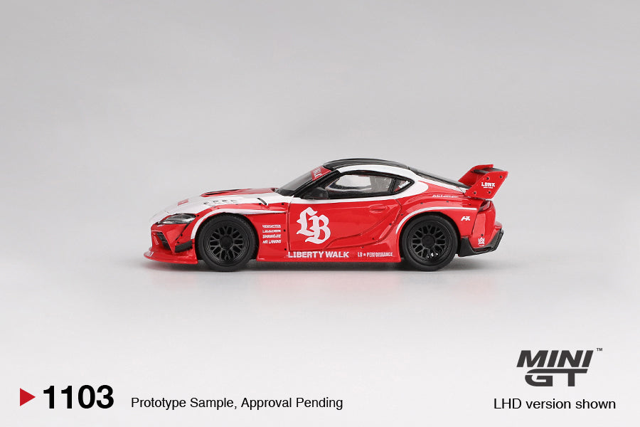 side view of LB★WORKS Toyota GR Supra Red 1:64 scale model car - Mini GT