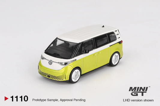 Front perspective view of Volkswagen ID.Buzz Candy White/ Pomelo Yellow 1:64 scale model car - Mini GT
