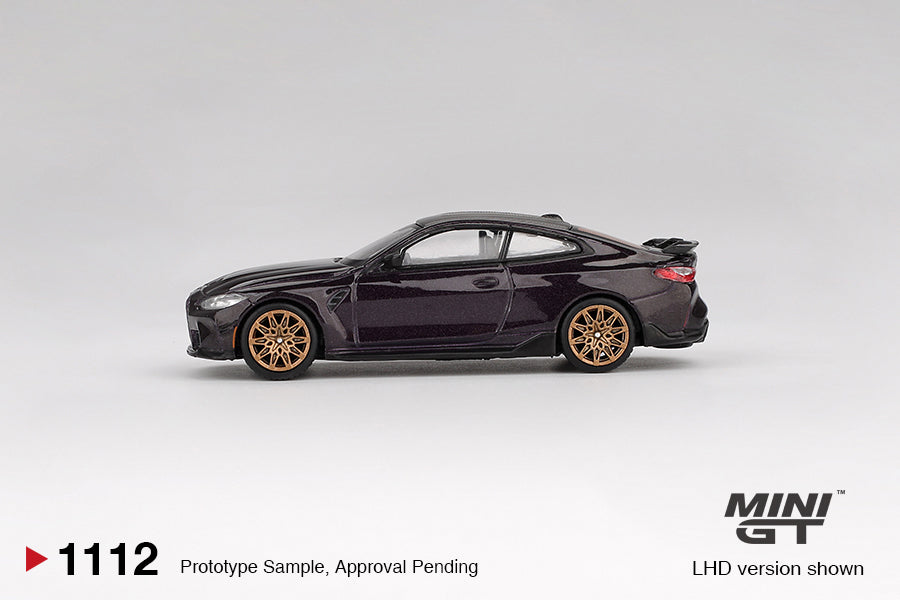 BMW M4 M-Performance (G82) Daytona Violet 1:64 diecast model car by Mini GT (MGT01112) - Front Perspective