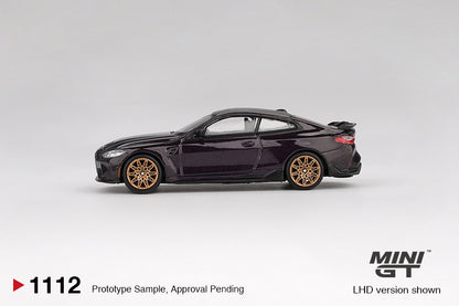 BMW M4 M-Performance (G82) Daytona Violet 1:64 diecast model car by Mini GT (MGT01112) - Front Perspective