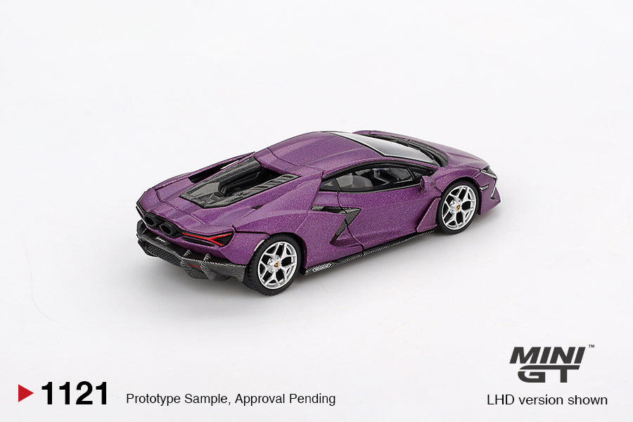 back perspective view of Lamborghini Revuelto Viola 30th Matte 1:64 scale model car - Mini GT