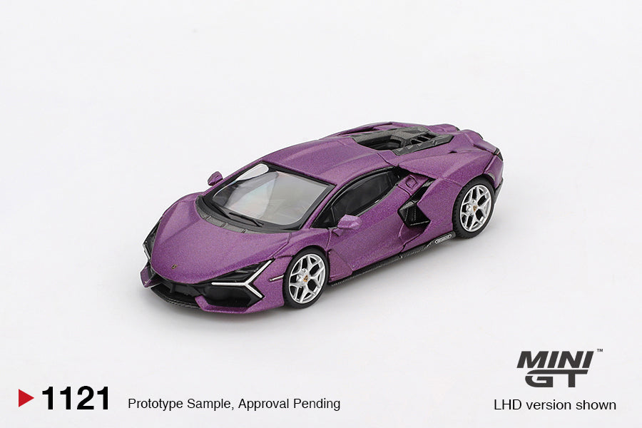 front prerspective view of Lamborghini Revuelto Viola 30th Matte 1:64 scale model car - Mini GT