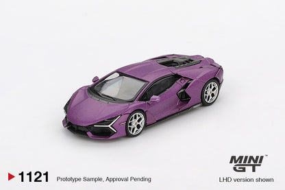 front prerspective view of Lamborghini Revuelto Viola 30th Matte 1:64 scale model car - Mini GT