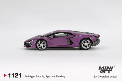Side view of Lamborghini Revuelto Viola 30th Matte 1:64 scale model car - Mini GT