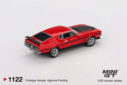 back perspective vew of Ford Mustang Mach1 1971 Race Red 1:64 scale model car - Mini GT