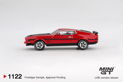 side view of Ford Mustang Mach1 1971 Race Red 1:64 scale model car - Mini GT