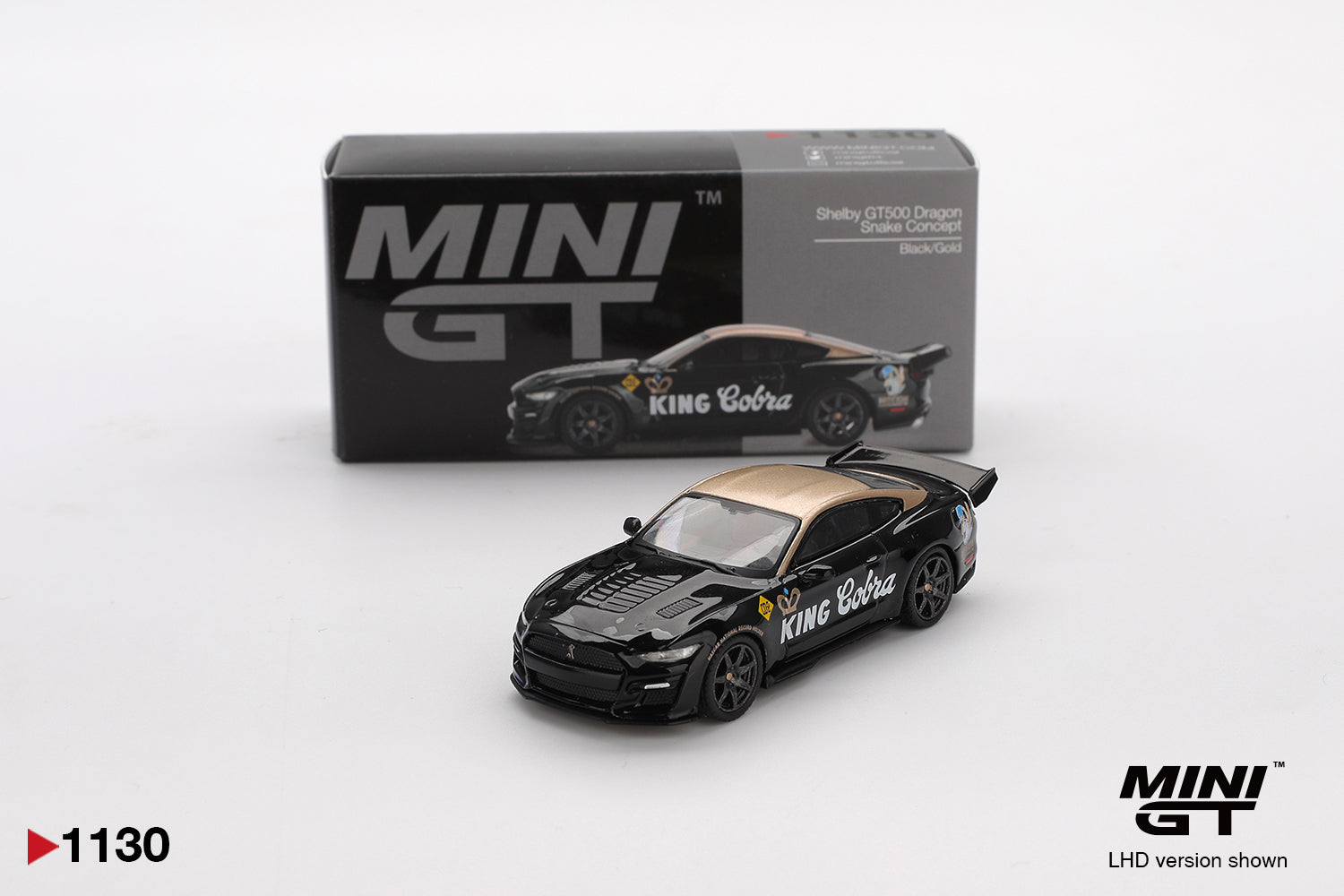 Box of Shelby GT500 Dragon Snake Concept Black/Gold 1:64 scale model car - Mini GT