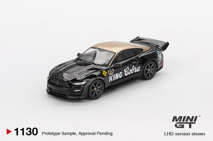 Front perspective view of Shelby GT500 Dragon Snake Concept Black/Gold 1:64 scale model car - Mini GT