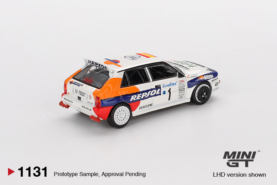 back perspective view of Lancia Delta HF Integrale Evoluzione #1 1993 Rallye Monte-Carlo 1:64 scale model car - Mini GT