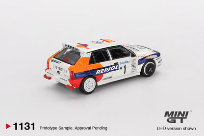 back perspective view of Lancia Delta HF Integrale Evoluzione #1 1993 Rallye Monte-Carlo 1:64 scale model car - Mini GT