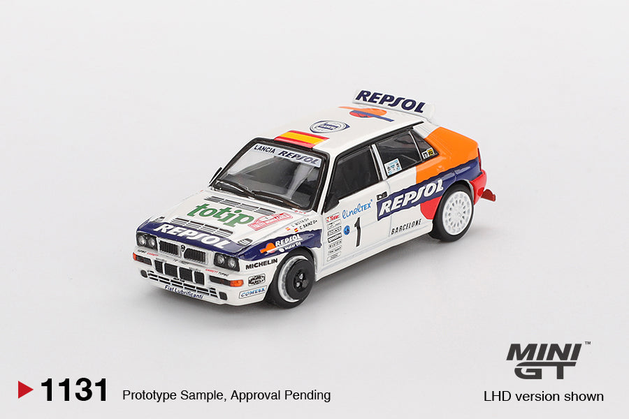Front perspectiv view of Lancia Delta HF Integrale Evoluzione #1 1993 Rallye Monte-Carlo 1:64 scale model car - Mini GT