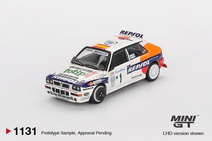 Front perspectiv view of Lancia Delta HF Integrale Evoluzione #1 1993 Rallye Monte-Carlo 1:64 scale model car - Mini GT