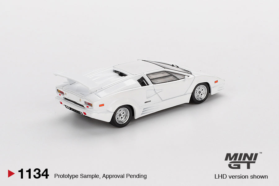 back perspective view of Lamborghini Countach 25th Anniversary White 1:64 scale model car - Mini GT
