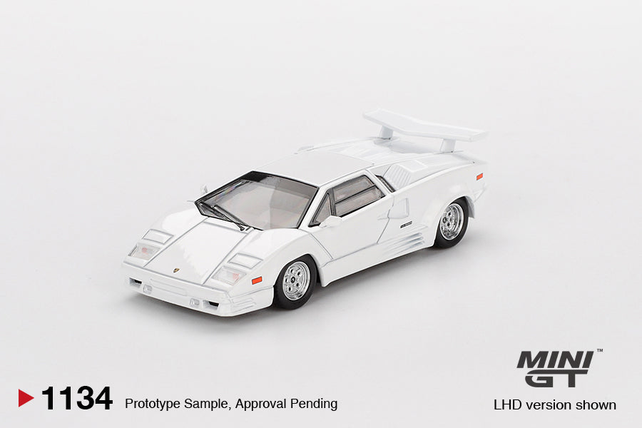 front perspective view of Lamborghini Countach 25th Anniversary White 1:64 scale model car - Mini GT