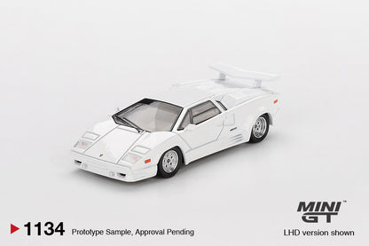 front perspective view of Lamborghini Countach 25th Anniversary White 1:64 scale model car - Mini GT