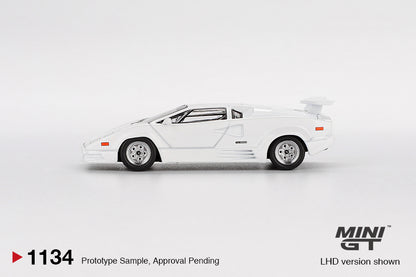 side view of Lamborghini Countach 25th Anniversary White 1:64 scale model car - Mini GT
