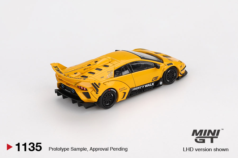 Back perspective view of Lamborghini LB-Silhouette WORKS MURCIELAGO GT Evo Yellow 1:64 scale model car - Mini GT