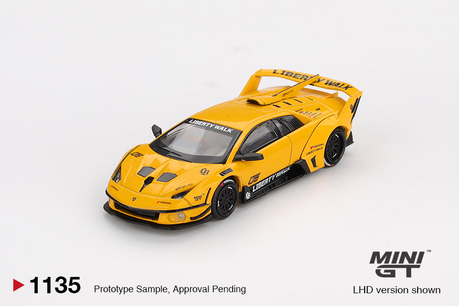 Front perspective view of Lamborghini LB-Silhouette WORKS MURCIELAGO GT Evo Yellow 1:64 scale model car - Mini GT