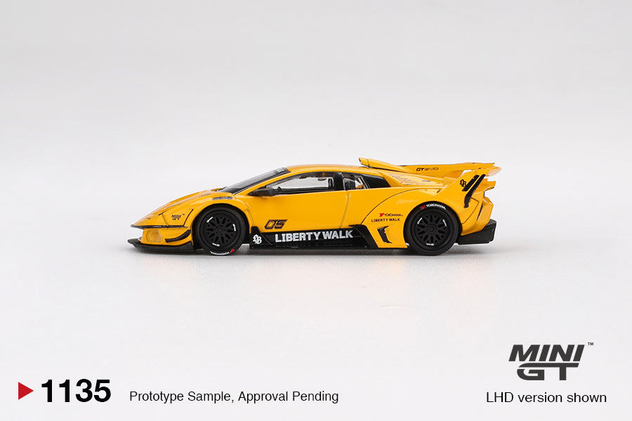 Side view of Lamborghini LB-Silhouette WORKS MURCIELAGO GT Evo Yellow 1:64 scale model car - Mini GT
