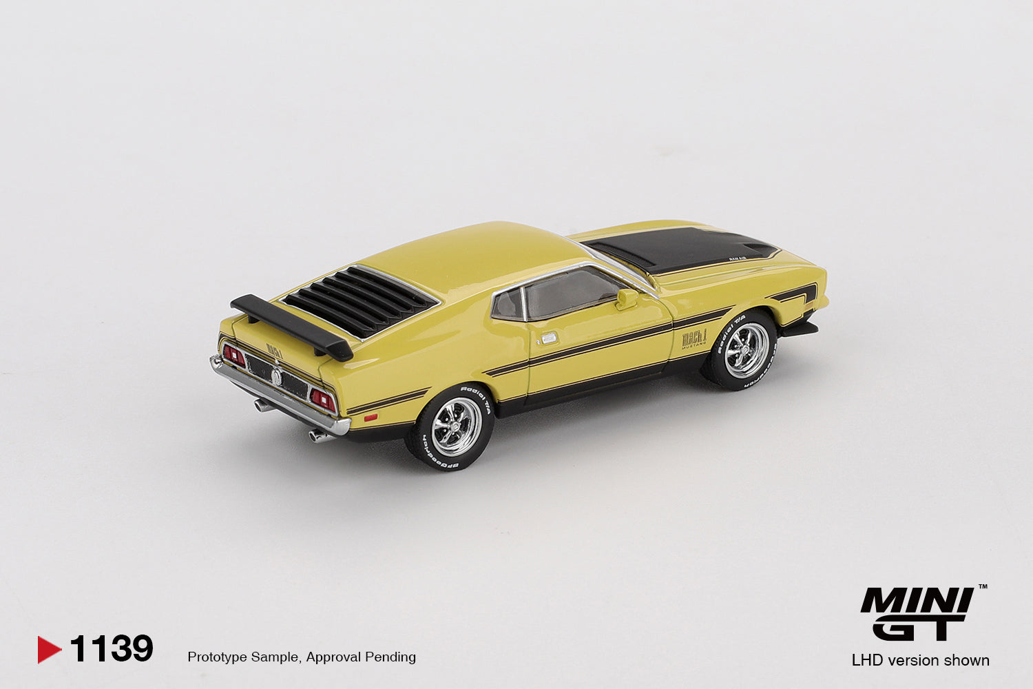 Back perspective view Ford Mustang Mach1 Grabber Yellow 1:64 scale model car - Mini GT