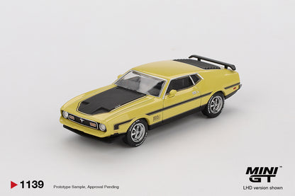 Front perspectve view Ford Mustang Mach1 Grabber Yellow 1:64 scale model car - Mini GT