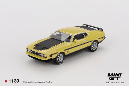 Front perspectve view Ford Mustang Mach1 Grabber Yellow 1:64 scale model car - Mini GT