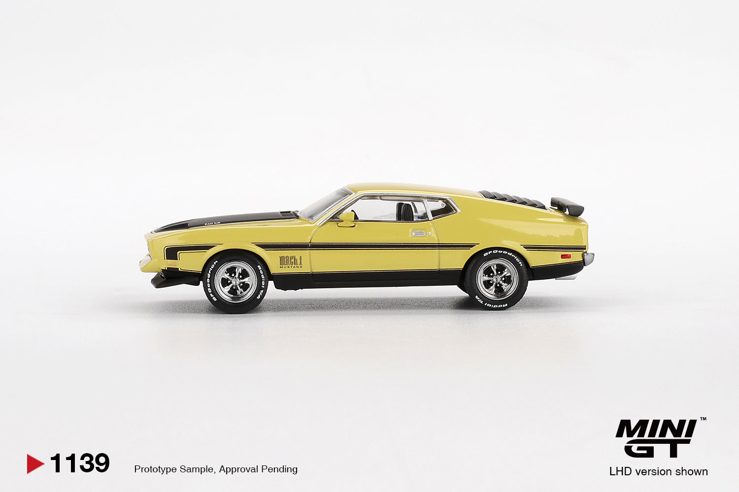 Side view of Ford Mustang Mach1 Grabber Yellow 1:64 scale model car - Mini GT