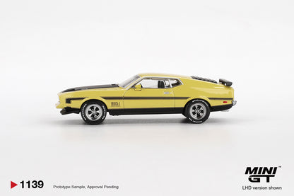 Side view of Ford Mustang Mach1 Grabber Yellow 1:64 scale model car - Mini GT