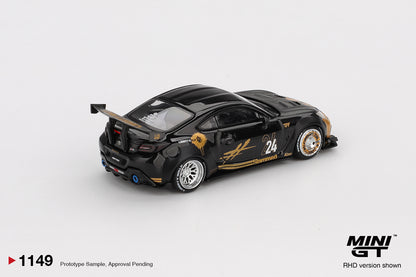 back perspective view of Toyota GR86 LB★Nation Black / Gold 1:64 scale model car - Mini GT