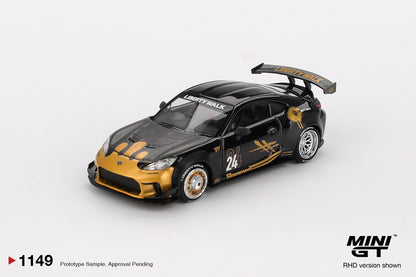 front perspective view of Toyota GR86 LB★Nation Black / Gold 1:64 scale model car - Mini GT